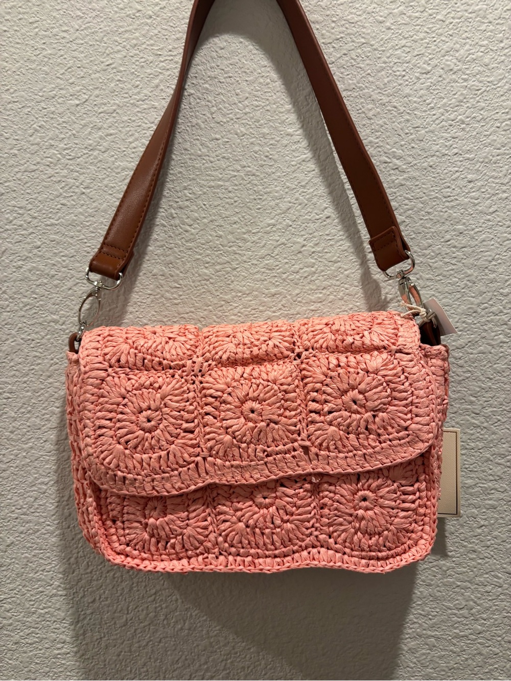 Crochet Flap Shoulder Bag in Coral Pink with Detachable Strap